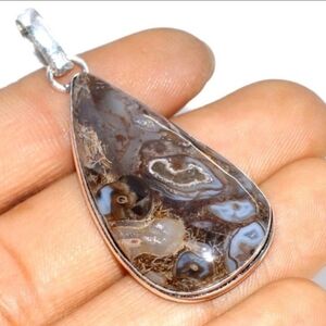 Turkish Stick Agate Gemstone 925 Sterling Silver Handmade Ethnic Pendant Necklac
